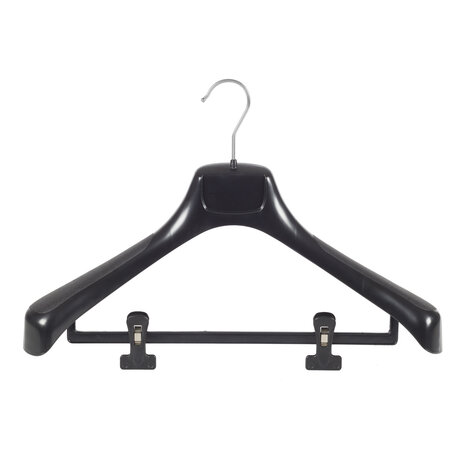 Mantelhanger - Kostuumhanger - Jassenhanger - Volwassenen - ETR46 - 40 Stuks - Kunststof - Zwart - Gebogen Model - Schouderverbreding 7,4 cm - Anti-slip Knijpers - 46 cm - Kledinghanger - Kleerhanger - ETR-Serie
