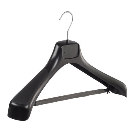 Mantelhanger - Kostuumhanger - Jassenhanger - Volwassenen - ETR46 - 10 Stuks - Kunststof - Zwart - Gebogen Model - Schouderverbreding 7,4 cm - Broeklat met Schuim - 46 cm - Kledinghanger - Kleerhanger - ETR-Serie