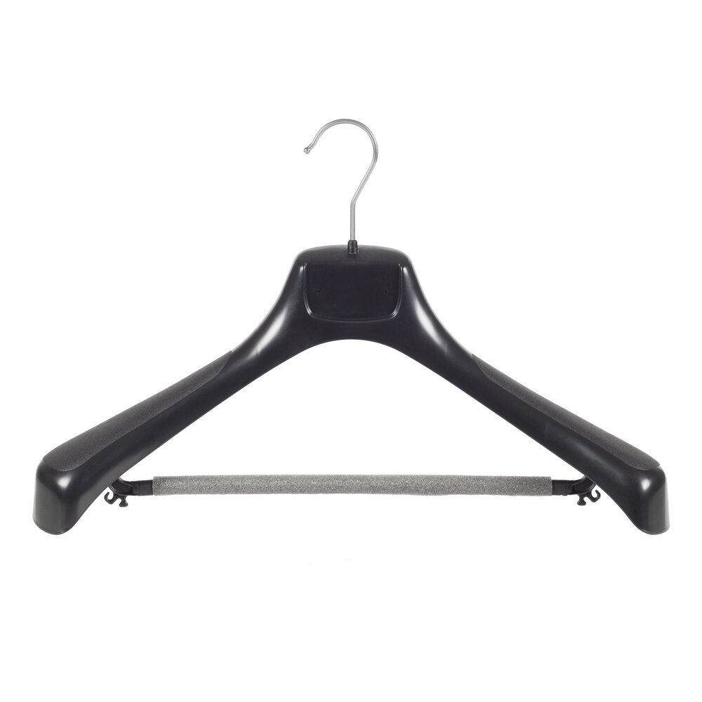 Mantelhanger - Kostuumhanger - Jassenhanger - Volwassenen - ETR46 - 10 Stuks - Kunststof - Zwart - Gebogen Model - Schouderverbreding 7,4 cm - Broeklat met Schuim - 46 cm - Kledinghanger - Kleerhanger - ETR-Serie