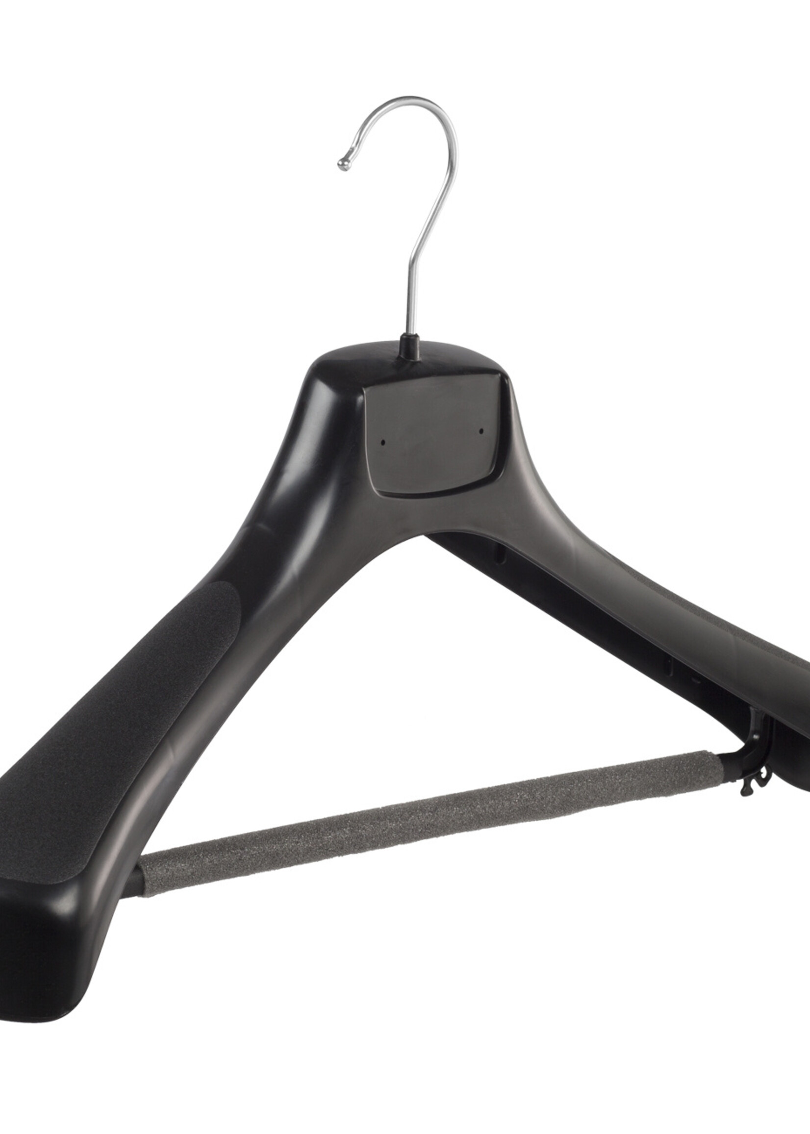 Mantelhanger - Kostuumhanger - Jassenhanger - Volwassenen - ETR46 - 30 Stuks - Kunststof - Zwart - Gebogen Model - Schouderverbreding 7,4 cm - Broeklat met Schuim - 46 cm - Kledinghanger - Kleerhanger - ETR-Serie