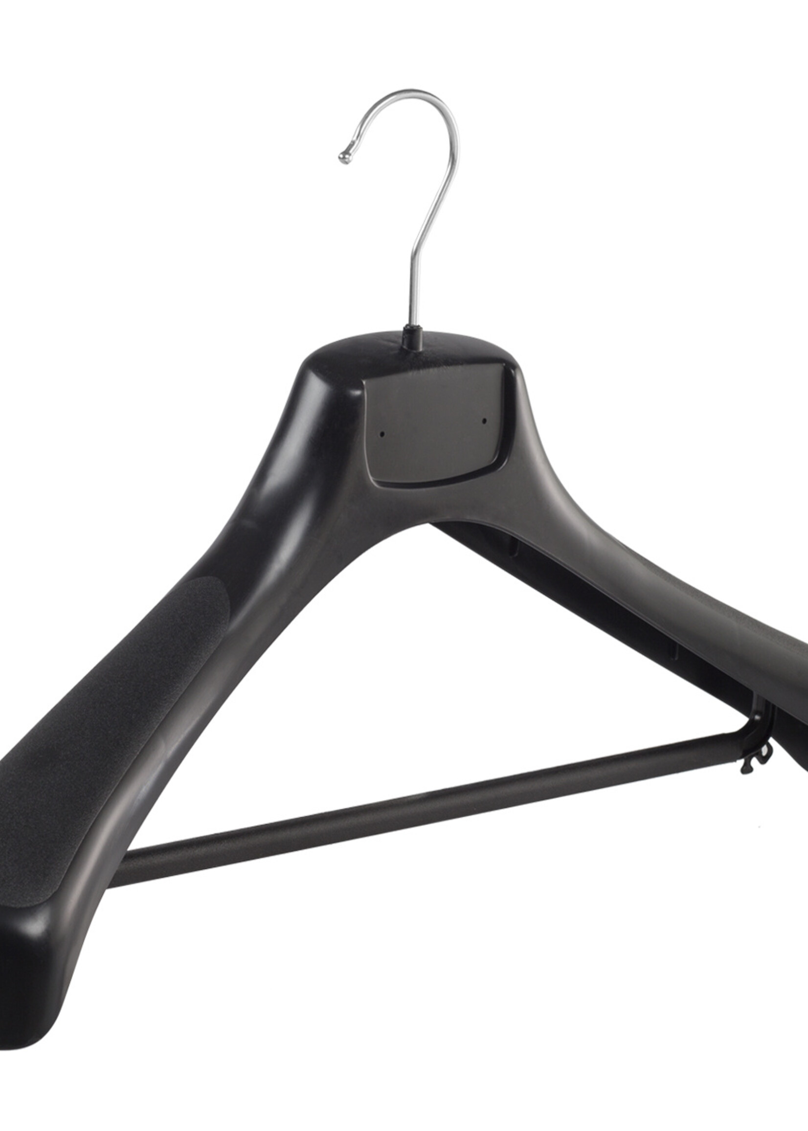 Mantelhanger - Kostuumhanger - Jassenhanger - Volwassenen - ETR49 - 10 Stuks - Kunststof - Zwart - Gebogen Model - Schouderverbreding 7,4 cm - Broeklat - 49 cm - Kledinghanger - Kleerhanger - ETR-Serie