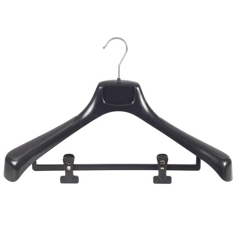 Mantelhanger - Kostuumhanger - Jassenhanger - Volwassenen - ETR49 - 40 Stuks - Kunststof - Zwart - Gebogen Model - Schouderverbreding 7,4 cm - Anti-slip Knijpers - 49 cm - Kledinghanger - Kleerhanger - ETR-Serie