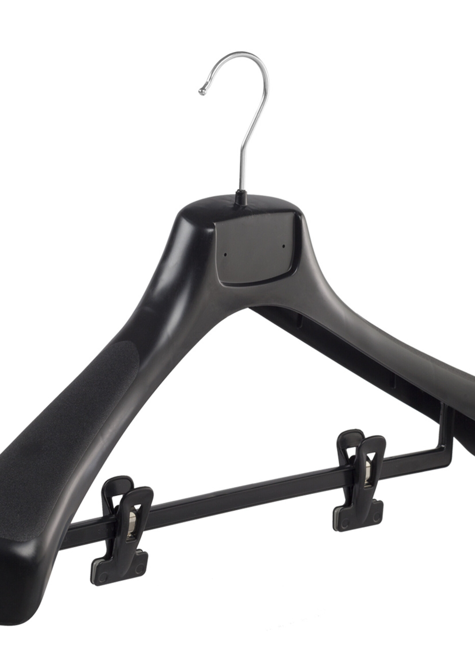 Mantelhanger - Kostuumhanger - Jassenhanger - Volwassenen - ETR49 - 50 Stuks - Kunststof - Zwart - Gebogen Model - Schouderverbreding 7,4 cm - Anti-slip Knijpers - 49 cm - Kledinghanger - Kleerhanger - ETR-Serie