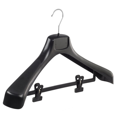 Mantelhanger - Kostuumhanger - Jassenhanger - Volwassenen - ETR49 - 50 Stuks - Kunststof - Zwart - Gebogen Model - Schouderverbreding 7,4 cm - Anti-slip Knijpers - 49 cm - Kledinghanger - Kleerhanger - ETR-Serie