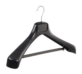 Mantelhanger - Kostuumhanger - Jassenhanger - Volwassenen - ETR49 - 10 Stuks - Kunststof - Zwart - Gebogen Model - Schouderverbreding 7,4 cm - Broeklat met Schuim - 49 cm - Kledinghanger - Kleerhanger - ETR-Serie