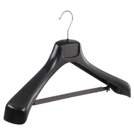 Mantelhanger - Kostuumhanger - Jassenhanger - Volwassenen - ETR49 - 10 Stuks - Kunststof - Zwart - Gebogen Model - Schouderverbreding 7,4 cm - Broeklat met Schuim - 49 cm - Kledinghanger - Kleerhanger - ETR-Serie