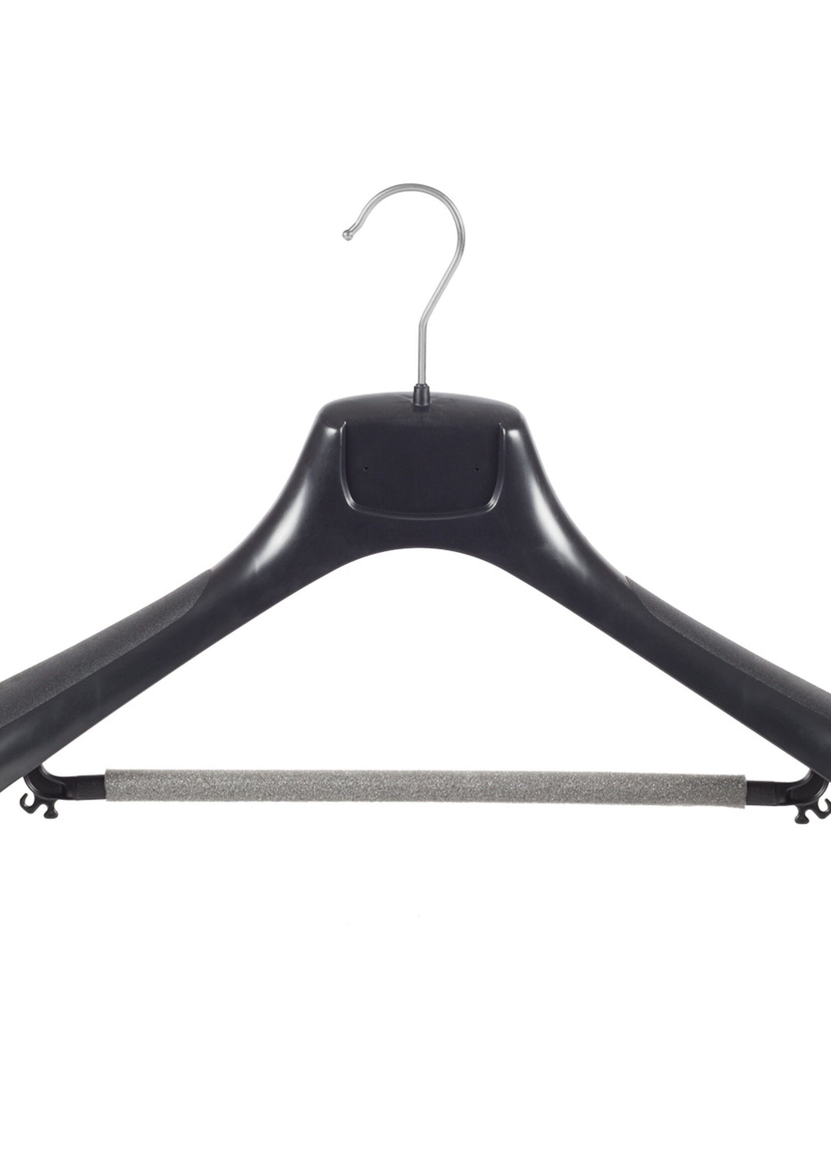 Mantelhanger - Kostuumhanger - Jassenhanger - Volwassenen - ETR49 - 20 Stuks - Kunststof - Zwart - Gebogen Model - Schouderverbreding 7,4 cm - Broeklat met Schuim - 49 cm - Kledinghanger - Kleerhanger - ETR-Serie