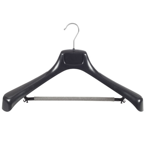 Mantelhanger - Kostuumhanger - Jassenhanger - Volwassenen - ETR49 - 50 Stuks - Kunststof - Zwart - Gebogen Model - Schouderverbreding 7,4 cm - Broeklat met Schuim - 49 cm - Kledinghanger - Kleerhanger - ETR-Serie