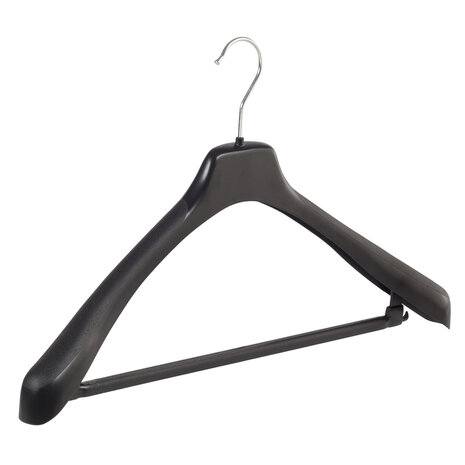 Mantelhanger - Kostuumhanger - Jassenhanger - Volwassenen - EU50 - 50 Stuks - Kunststof - Zwart - Schouderverbreding 4 cm - Anti-slip Broeklat - 50 cm - Kledinghanger - Kleerhanger - EU-Serie