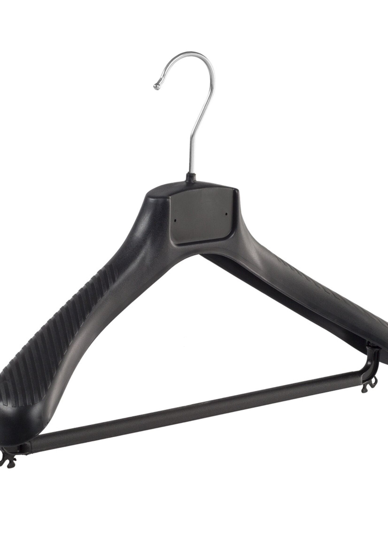 Mantelhanger - Kostuumhanger - Jassenhanger - Volwassenen - FG39 - 10 Stuks - Kunststof - Zwart - Gebogen Model - Schouderverbreding 6 cm - Broeklat - 39 cm - Kledinghanger - Kleerhanger - FG-Serie