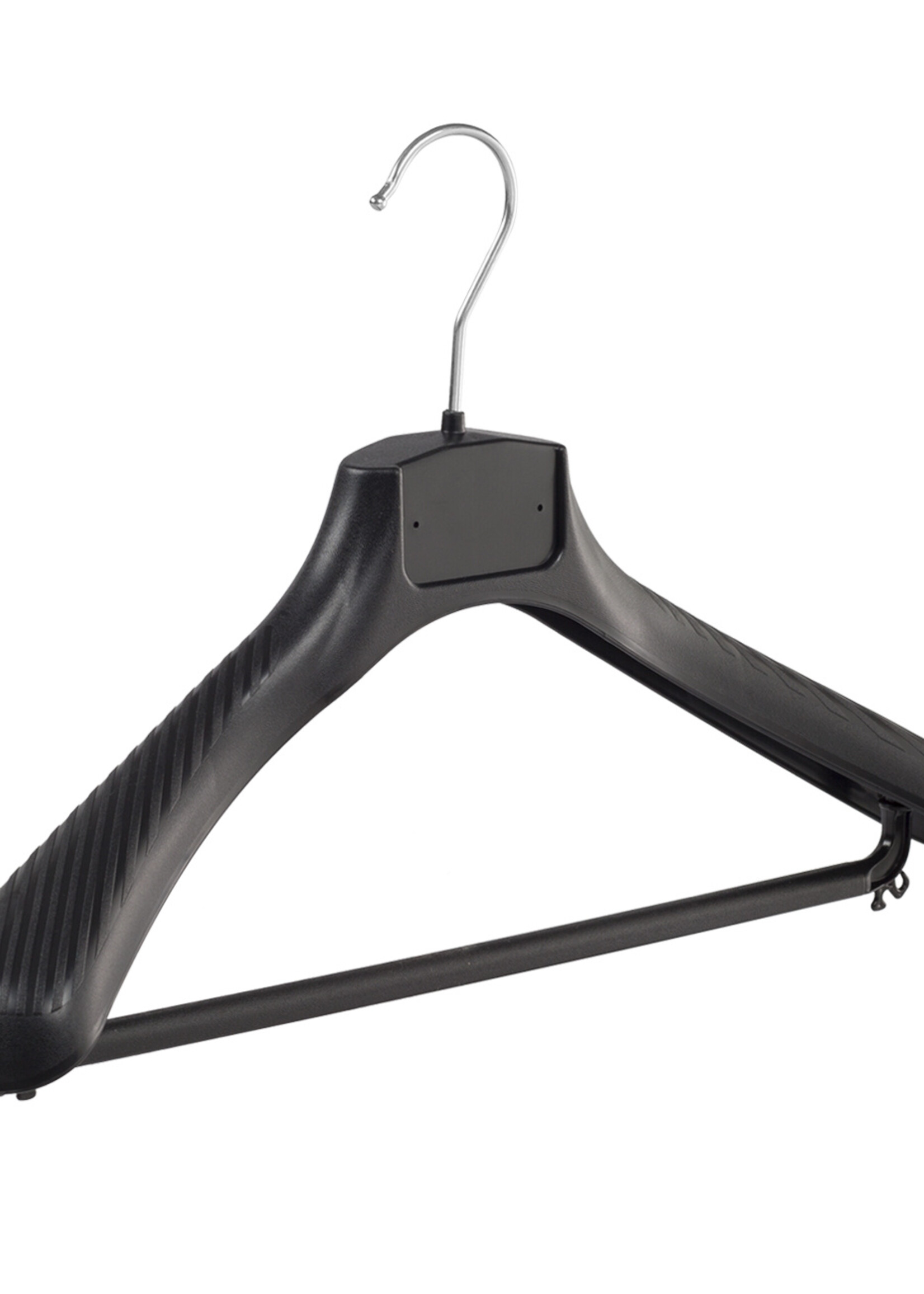 Mantelhanger - Kostuumhanger - Jassenhanger - Volwassenen - FG42 - 10 Stuks - Kunststof - Zwart - Gebogen Model - Schouderverbreding 6 cm - Broeklat - 42 cm - Kledinghanger - Kleerhanger - FG-Serie