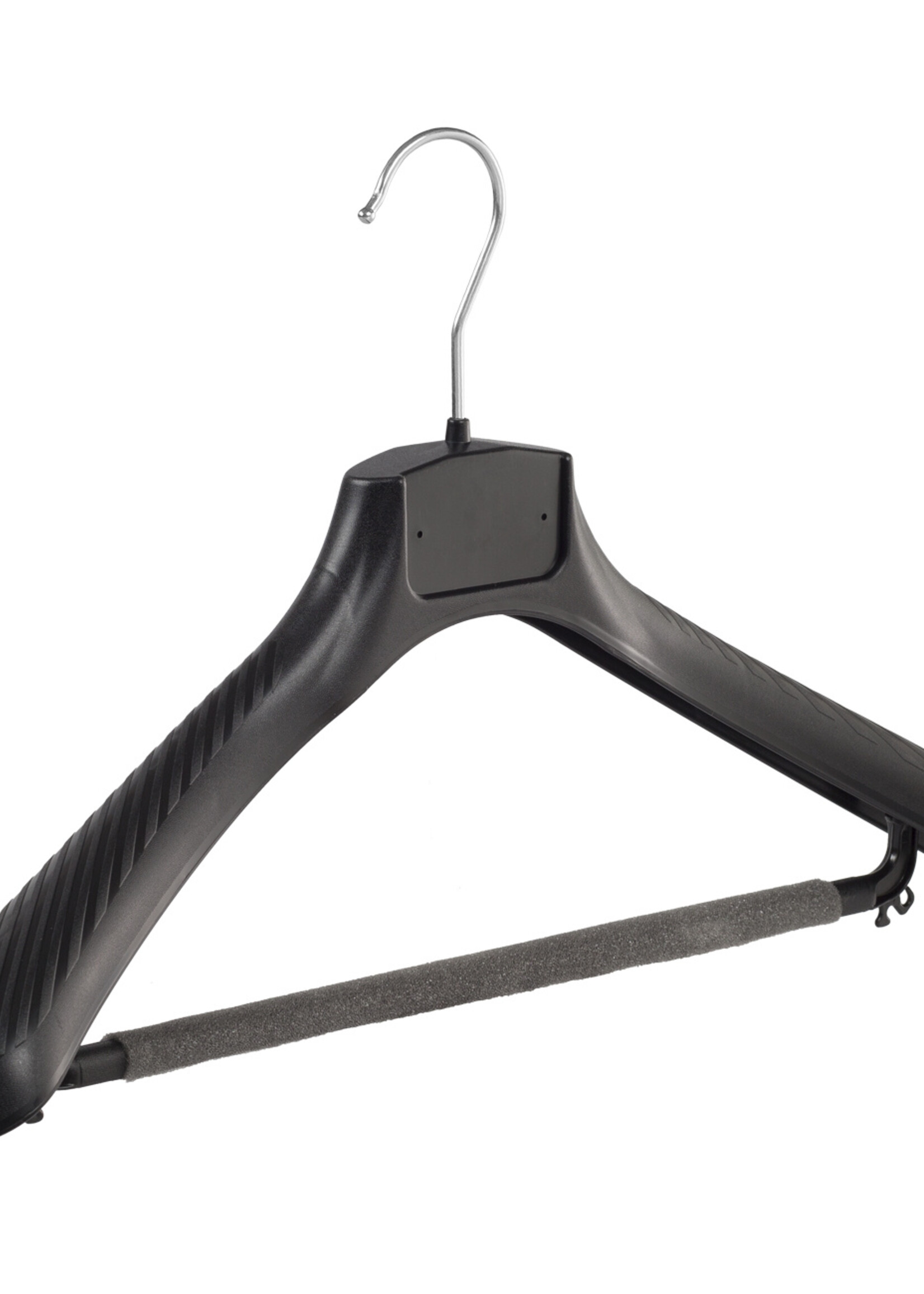 Mantelhanger - Kostuumhanger - Jassenhanger - Volwassenen - FG45 - 10 Stuks - Kunststof - Zwart - Gebogen Model - Schouderverbreding 6 cm - Broeklat met Schuim - 45 cm - Kledinghanger - Kleerhanger - FG-Serie