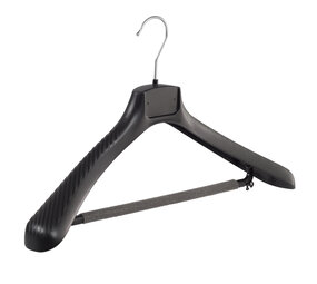 Mantelhanger - Kostuumhanger - Jassenhanger - Volwassenen - FG48 - 20 Stuks - Kunststof - Zwart - Gebogen Model - Schouderverbreding 6 cm - Broeklat met Schuim - 48 cm - Kledinghanger - Kleerhanger - FG-Serie