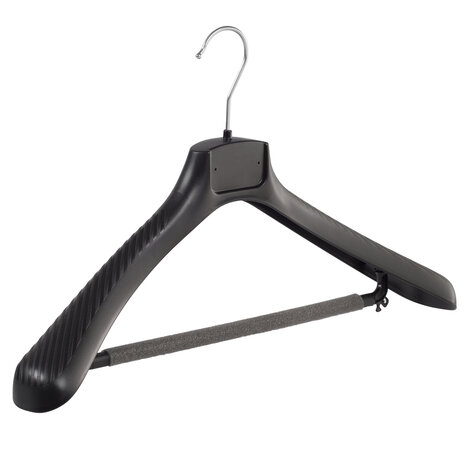 Mantelhanger - Kostuumhanger - Jassenhanger - Volwassenen - FG48 - 20 Stuks - Kunststof - Zwart - Gebogen Model - Schouderverbreding 6 cm - Broeklat met Schuim - 48 cm - Kledinghanger - Kleerhanger - FG-Serie