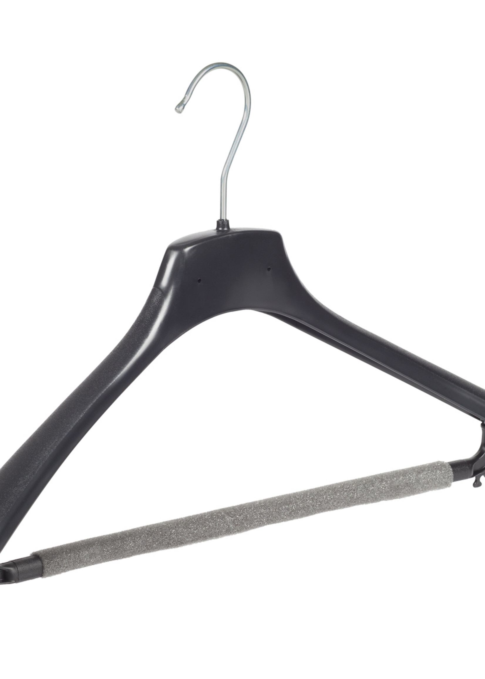 Mantelhanger - Kostuumhanger - Jassenhanger - Volwassenen - FR42 - 10 Stuks - Kunststof - Zwart - Gebogen Model - Schouderverbreding 3,3 cm - Broeklat met Schuim - 42 cm - Kledinghanger - Kleerhanger - FR-Serie