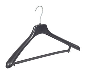Mantelhanger - Kostuumhanger - Jassenhanger - Volwassenen - FR46 - 40 Stuks - Kunststof - Zwart - Gebogen Model - Schouderverbreding 3,3 cm - Broeklat - 46 cm - Kledinghanger - Kleerhanger - FR-Serie