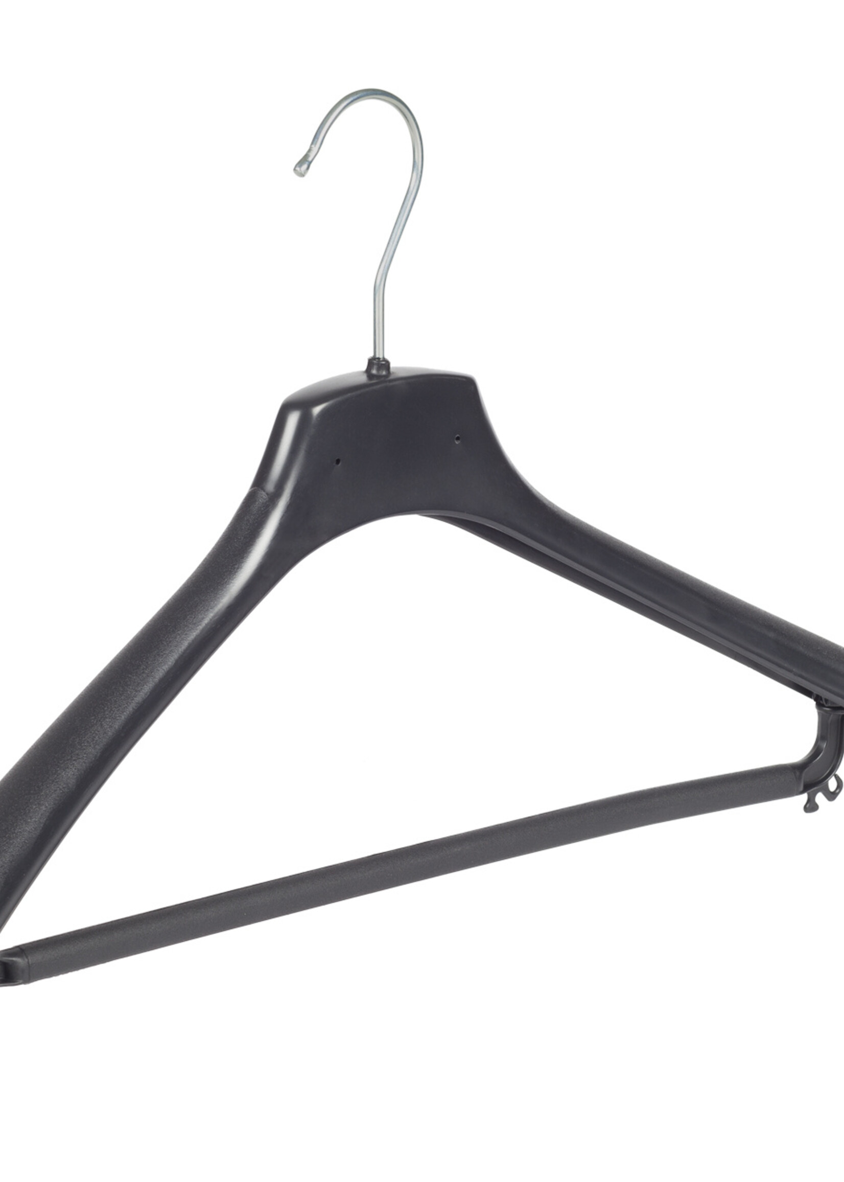 Mantelhanger - Kostuumhanger - Jassenhanger - Volwassenen - FR46 - 50 Stuks - Kunststof - Zwart - Gebogen Model - Schouderverbreding 3,3 cm - Broeklat - 46 cm - Kledinghanger - Kleerhanger - FR-Serie