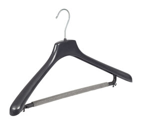 Mantelhanger - Kostuumhanger - Jassenhanger - Volwassenen - FR46 - 10 Stuks - Kunststof - Zwart - Gebogen Model - Schouderverbreding 3,3 cm - Broeklat met Schuim - 46 cm - Kledinghanger - Kleerhanger - FR-Serie