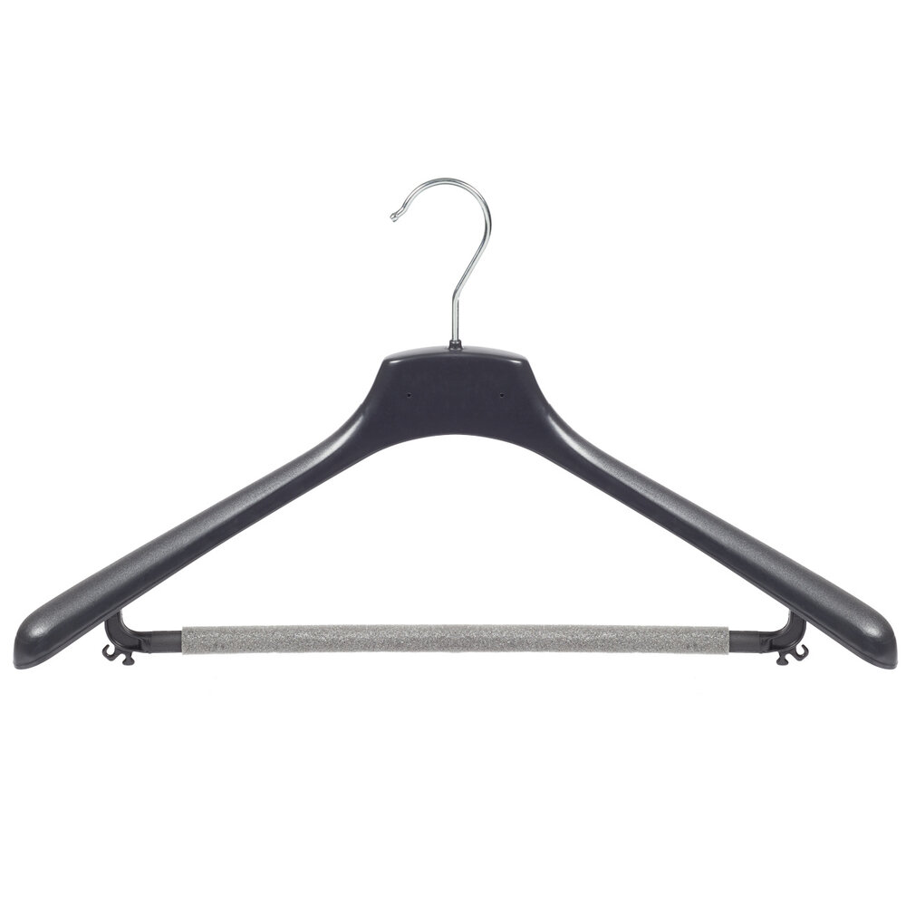 Mantelhanger - Kostuumhanger - Jassenhanger - Volwassenen - FR46 - 10 Stuks - Kunststof - Zwart - Gebogen Model - Schouderverbreding 3,3 cm - Broeklat met Schuim - 46 cm - Kledinghanger - Kleerhanger - FR-Serie
