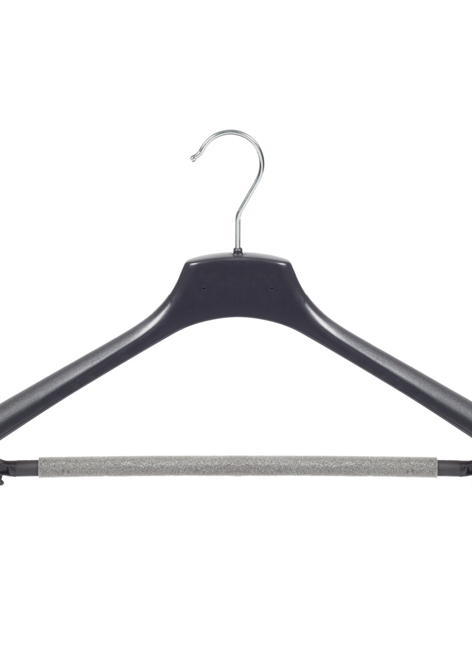 Mantelhanger - Kostuumhanger - Jassenhanger - Volwassenen - FR46 - 10 Stuks - Kunststof - Zwart - Gebogen Model - Schouderverbreding 3,3 cm - Broeklat met Schuim - 46 cm - Kledinghanger - Kleerhanger - FR-Serie