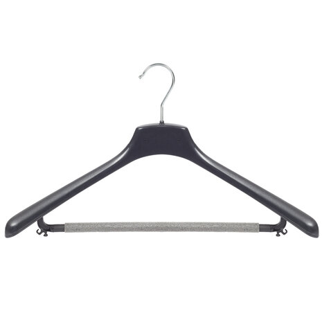 Mantelhanger - Kostuumhanger - Jassenhanger - Volwassenen - FR46 - 10 Stuks - Kunststof - Zwart - Gebogen Model - Schouderverbreding 3,3 cm - Broeklat met Schuim - 46 cm - Kledinghanger - Kleerhanger - FR-Serie
