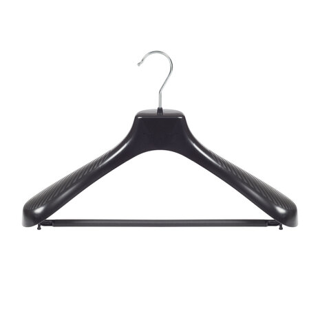 Mantelhanger - Kostuumhanger - Jassenhanger - Volwassenen - GP42 - 50 Stuks - Kunststof - Zwart - Gebogen Model - Schouderverbreding 7 cm - Broeklat - 42 cm - Kledinghanger - Kleerhanger - GP-Serie