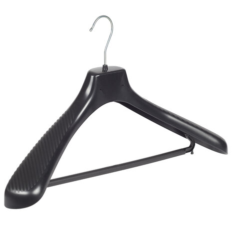 Mantelhanger - Kostuumhanger - Jassenhanger - Volwassenen - GP48 - 50 Stuks - Kunststof - Zwart - Gebogen Model - Schouderverbreding 7 cm - Broeklat - 48 cm - Kledinghanger - Kleerhanger - GP-Serie