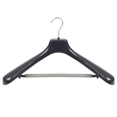 Mantelhanger - Kostuumhanger - Jassenhanger - Volwassenen - GP48 - 10 Stuks - Kunststof - Zwart - Gebogen Model - Schouderverbreding 7 cm - Broeklat met Schuim - 48 cm - Kledinghanger - Kleerhanger - GP-Serie