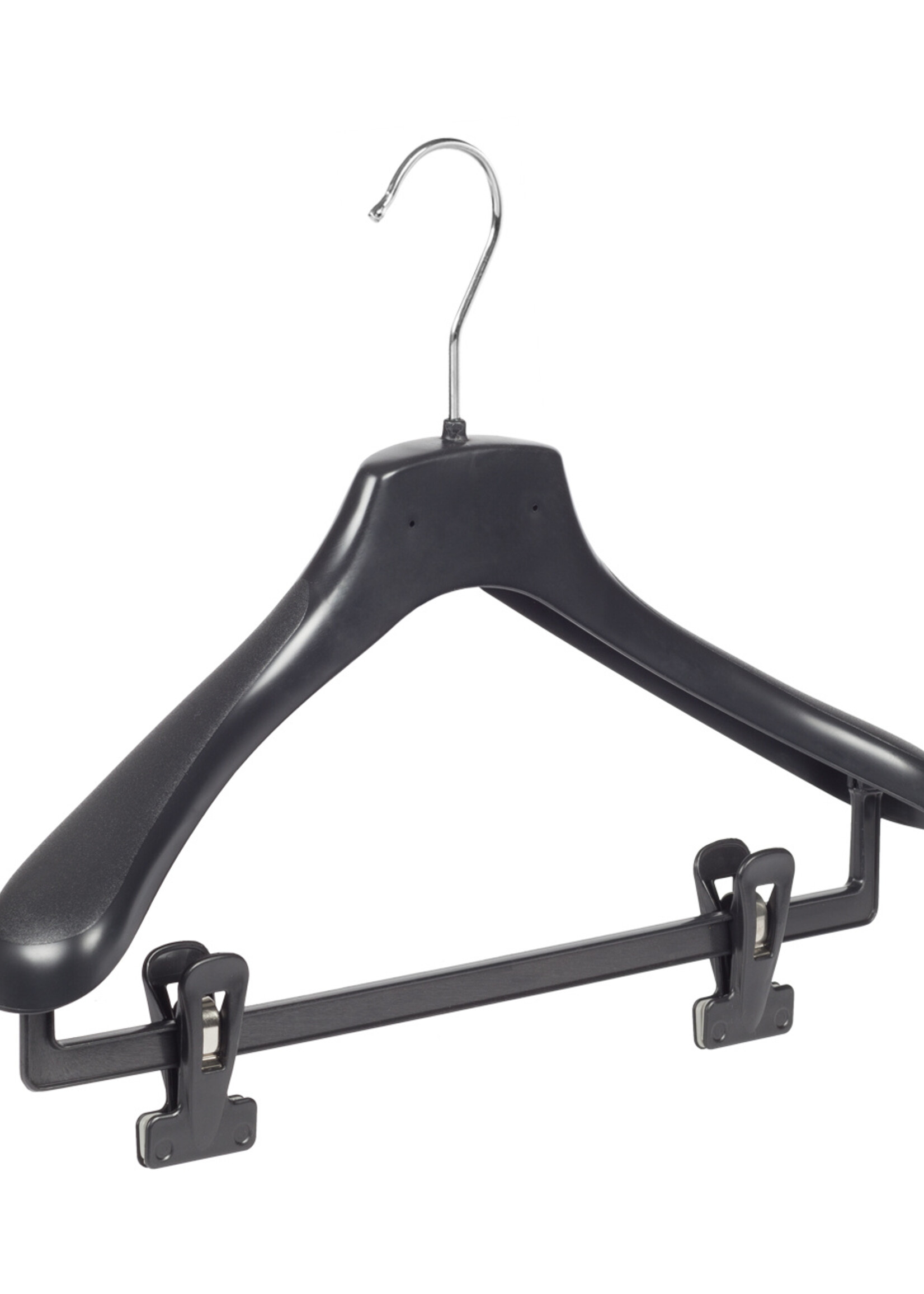 Mantelhanger - Kostuumhanger - Jassenhanger - Volwassenen - HZ38 - 10 Stuks - Kunststof - Zwart - Gebogen Model - Schouderverbreding 4,8 cm - Anti-slip Knijpers - 38 cm - Kledinghanger - Kleerhanger - HZ-Serie