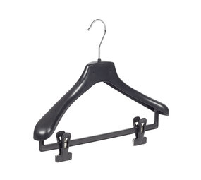 Mantelhanger - Kostuumhanger - Jassenhanger - Volwassenen - HZ38 - 10 Stuks - Kunststof - Zwart - Gebogen Model - Schouderverbreding 4,8 cm - Anti-slip Knijpers - 38 cm - Kledinghanger - Kleerhanger - HZ-Serie