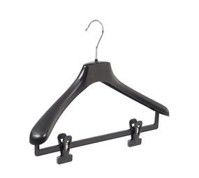 Mantelhanger - Kostuumhanger - Jassenhanger - Volwassenen - HZ40 - 30 Stuks - Kunststof - Zwart - Gebogen Model - Schouderverbreding 4,8 cm - Anti-slip Knijpers - 40 cm - Kledinghanger - Kleerhanger - HZ-Serie