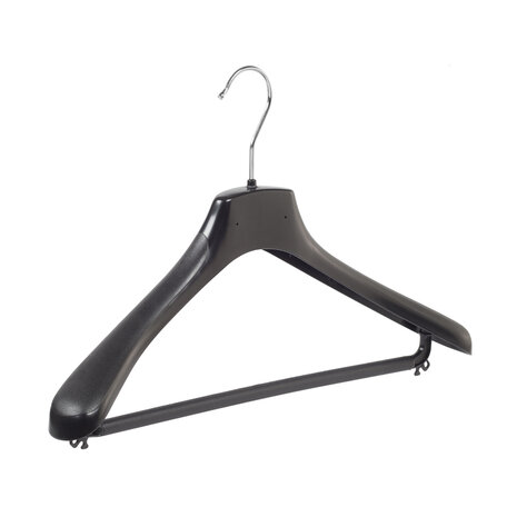 Mantelhanger - Kostuumhanger - Jassenhanger - Volwassenen - HZ42 - 10 Stuks - Kunststof - Zwart - Gebogen Model - Schouderverbreding 4,8 cm - Broeklat - 42 cm - Kledinghanger - Kleerhanger - HZ-Serie