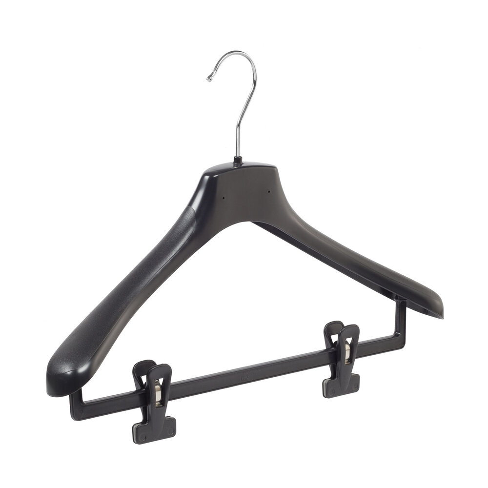 Mantelhanger - Kostuumhanger - Jassenhanger - Volwassenen - HZ42 - 10 Stuks - Kunststof - Zwart - Gebogen Model - Schouderverbreding 4,8 cm - Anti-slip Knijpers - 42 cm - Kledinghanger - Kleerhanger - HZ-Serie