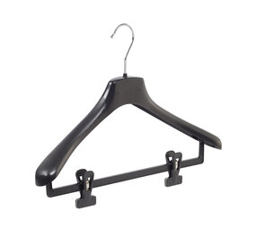 Mantelhanger - Kostuumhanger - Jassenhanger - Volwassenen - HZ42 - 20 Stuks - Kunststof - Zwart - Gebogen Model - Schouderverbreding 4,8 cm - Anti-slip Knijpers - 42 cm - Kledinghanger - Kleerhanger - HZ-Serie
