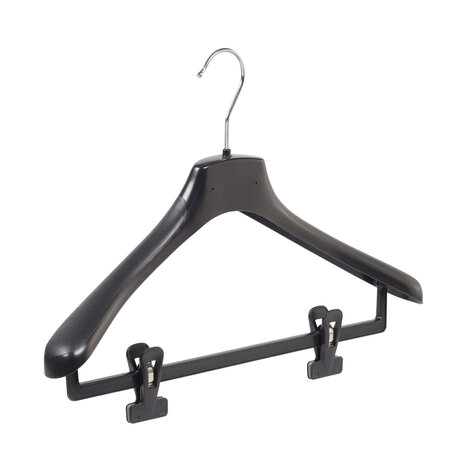 Mantelhanger - Kostuumhanger - Jassenhanger - Volwassenen - HZ42 - 30 Stuks - Kunststof - Zwart - Gebogen Model - Schouderverbreding 4,8 cm - Anti-slip Knijpers - 42 cm - Kledinghanger - Kleerhanger - HZ-Serie