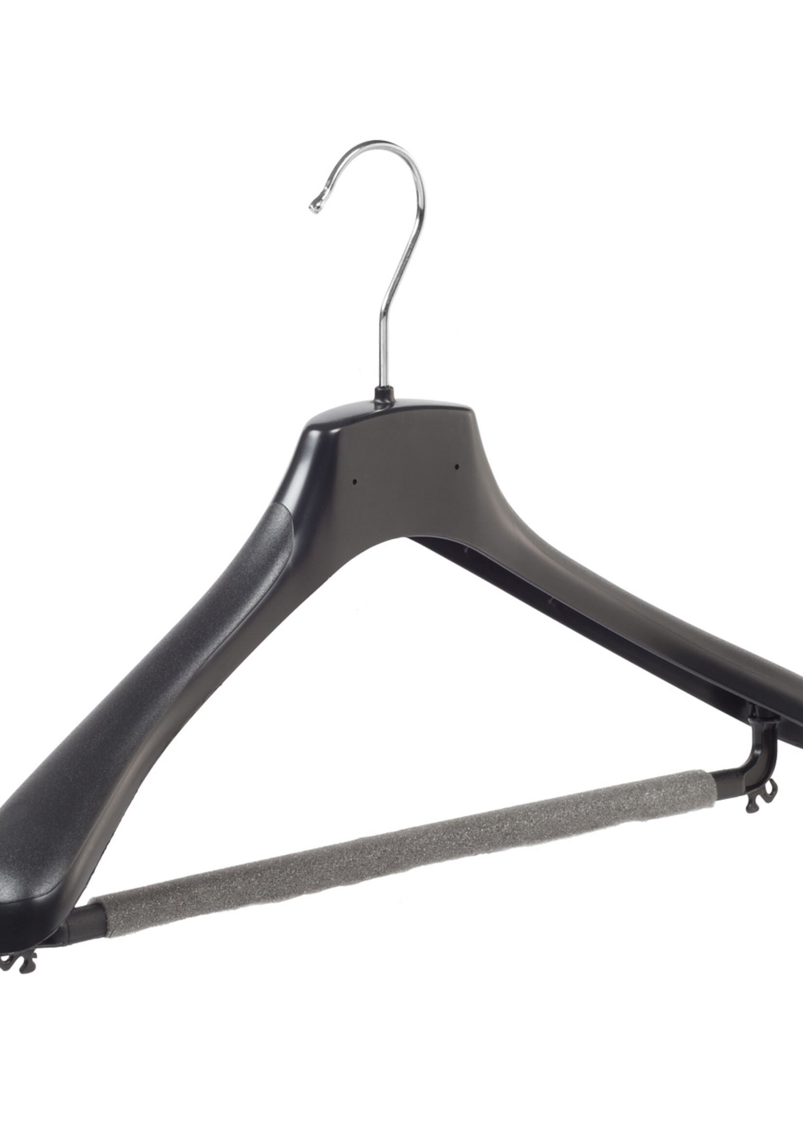 Mantelhanger - Kostuumhanger - Jassenhanger - Volwassenen - HZ42 - 10 Stuks - Kunststof - Zwart - Gebogen Model - Schouderverbreding 4,8 cm - Broeklat met Schuim - 42 cm - Kledinghanger - Kleerhanger - HZ-Serie