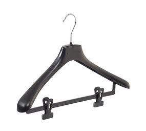 Mantelhanger - Kostuumhanger - Jassenhanger - Volwassenen - HZ45 - 10 Stuks - Kunststof - Zwart - Gebogen Model - Schouderverbreding 4,8 cm - Anti-slip Knijpers - 45 cm - Kledinghanger - Kleerhanger - HZ-Serie