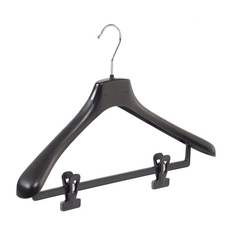 Mantelhanger - Kostuumhanger - Jassenhanger - Volwassenen - HZ45 - 10 Stuks - Kunststof - Zwart - Gebogen Model - Schouderverbreding 4,8 cm - Anti-slip Knijpers - 45 cm - Kledinghanger - Kleerhanger - HZ-Serie