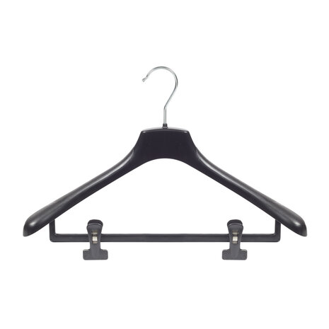 Mantelhanger - Kostuumhanger - Jassenhanger - Volwassenen - HZ45 - 40 Stuks - Kunststof - Zwart - Gebogen Model - Schouderverbreding 4,8 cm - Anti-slip Knijpers - 45 cm - Kledinghanger - Kleerhanger - HZ-Serie