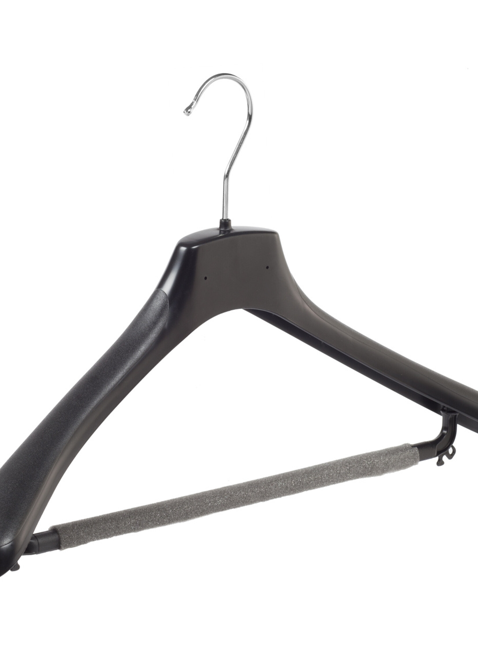 Mantelhanger - Kostuumhanger - Jassenhanger - Volwassenen - HZ45 - 10 Stuks - Kunststof - Zwart - Gebogen Model - Schouderverbreding 4,8 cm - Broeklat met Schuim - 45 cm - Kledinghanger - Kleerhanger - HZ-Serie