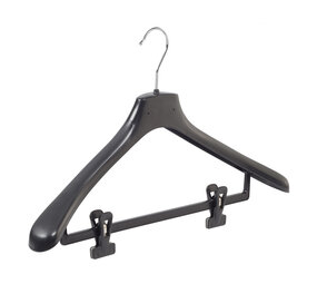 Mantelhanger - Kostuumhanger - Jassenhanger - Volwassenen - HZ48 - 10 Stuks - Kunststof - Zwart - Gebogen Model - Schouderverbreding 4,8 cm - Anti-slip Knijpers - 48 cm - Kledinghanger - Kleerhanger - HZ-Serie