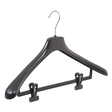 Mantelhanger - Kostuumhanger - Jassenhanger - Volwassenen - HZ48 - 40 Stuks - Kunststof - Zwart - Gebogen Model - Schouderverbreding 4,8 cm - Anti-slip Knijpers - 48 cm - Kledinghanger - Kleerhanger - HZ-Serie