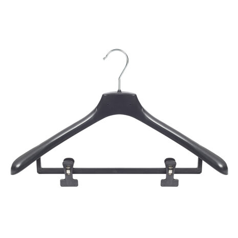 Mantelhanger - Kostuumhanger - Jassenhanger - Volwassenen - HZ48 - 50 Stuks - Kunststof - Zwart - Gebogen Model - Schouderverbreding 4,8 cm - Anti-slip Knijpers - 48 cm - Kledinghanger - Kleerhanger - HZ-Serie