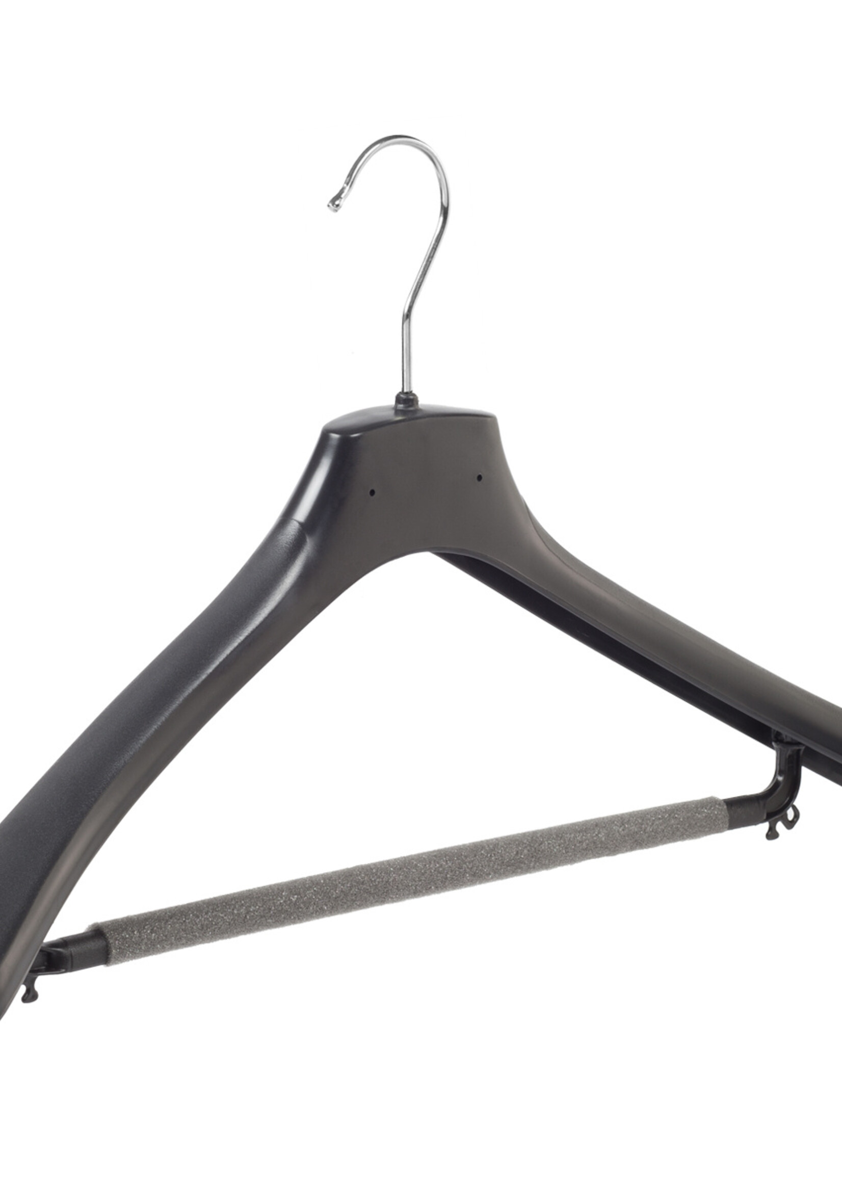 Mantelhanger - Kostuumhanger - Jassenhanger - Volwassenen - HZ48 - 10 Stuks - Kunststof - Zwart - Gebogen Model - Schouderverbreding 4,8 cm - Broeklat met Schuim - 48 cm - Kledinghanger - Kleerhanger - HZ-Serie