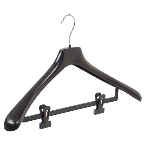Mantelhanger - Kostuumhanger - Jassenhanger - Volwassenen - HZ50 - 20 Stuks - Kunststof - Zwart - Gebogen Model - Schouderverbreding 4,8 cm - Anti-slip Knijpers - 50 cm - Kledinghanger - Kleerhanger - HZ-Serie