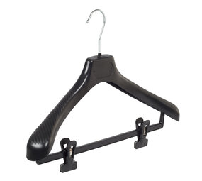 Mantelhanger - Kostuumhanger - Jassenhanger - Volwassenen - LS39 - 20 Stuks - Kunststof - Zwart - Gebogen Model - Schouderverbreding 5 cm - Anti-slip Knijpers - 39 cm - Kledinghanger - Kleerhanger - LS-Serie