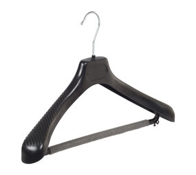 Mantelhanger - Kostuumhanger - Jassenhanger - Volwassenen - LS39 - 20 Stuks - Kunststof - Zwart - Gebogen Model - Schouderverbreding 5 cm - Broeklat met Schuim - 39 cm - Kledinghanger - Kleerhanger - LS-Serie