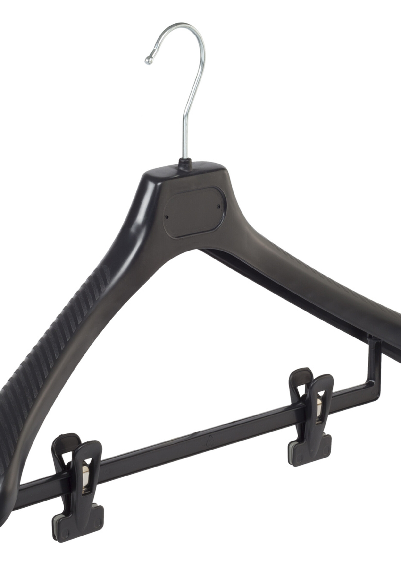 Mantelhanger - Kostuumhanger - Jassenhanger - Volwassenen - LS45 - 10 Stuks - Kunststof - Zwart - Gebogen Model - Schouderverbreding 5 cm - Anti-slip Knijpers - 45 cm - Kledinghanger - Kleerhanger - LS-Serie