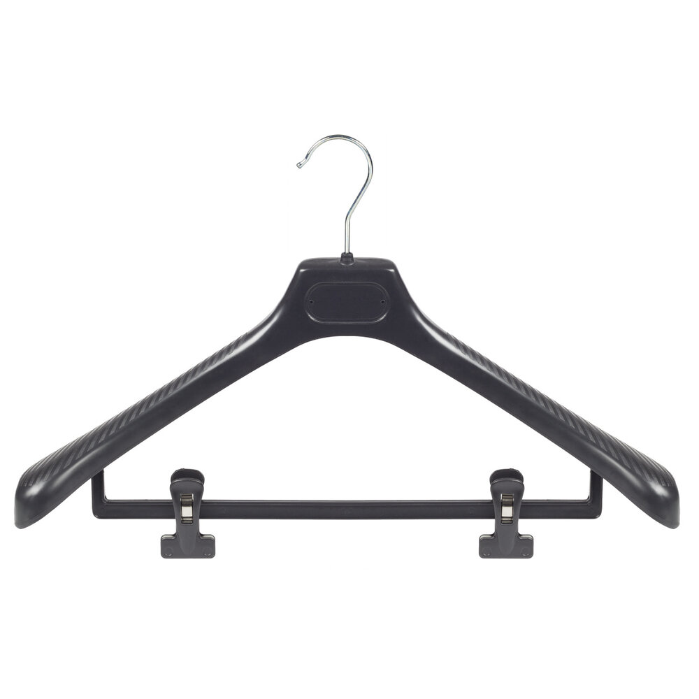 Mantelhanger - Kostuumhanger - Jassenhanger - Volwassenen - LS45 - 10 Stuks - Kunststof - Zwart - Gebogen Model - Schouderverbreding 5 cm - Anti-slip Knijpers - 45 cm - Kledinghanger - Kleerhanger - LS-Serie