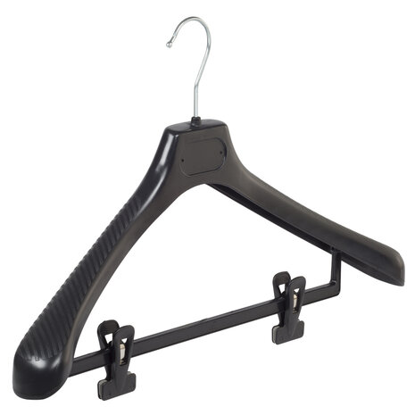 Mantelhanger - Kostuumhanger - Jassenhanger - Volwassenen - LS45 - 30 Stuks - Kunststof - Zwart - Gebogen Model - Schouderverbreding 5 cm - Anti-slip Knijpers - 45 cm - Kledinghanger - Kleerhanger - LS-Serie